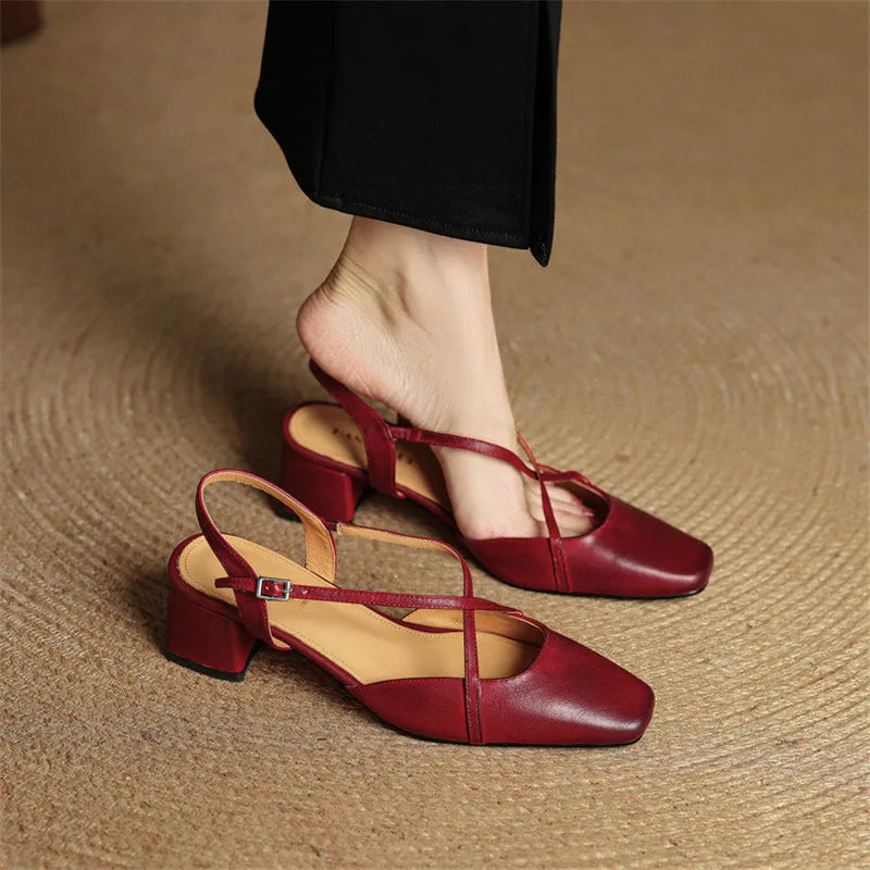 Women's Leather Block Heels with Closed Toe and Ankle Strap