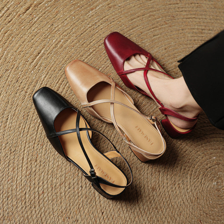 Women's Leather Block Heels with Closed Toe and Ankle Strap