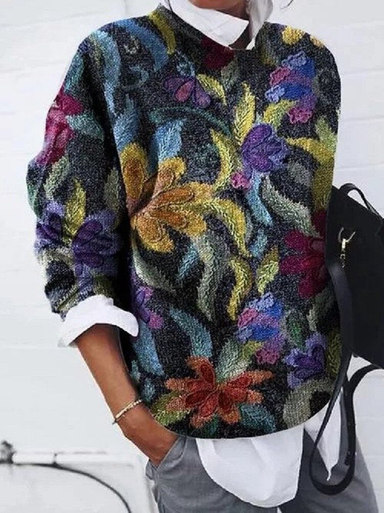 Women's Floral Print Sweater - Soft Knit Pullover