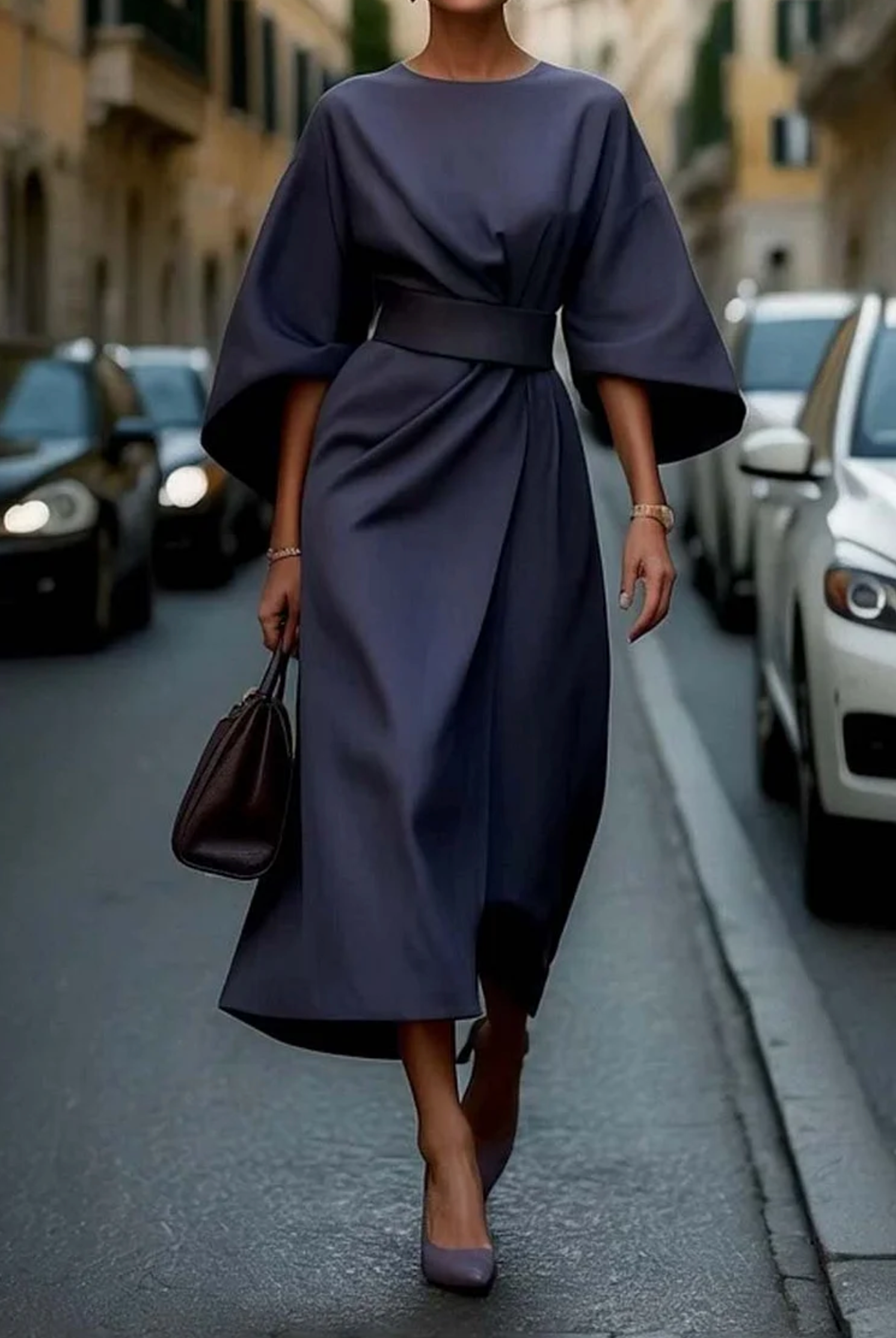 Women's Belted Dress with Lantern Sleeves
