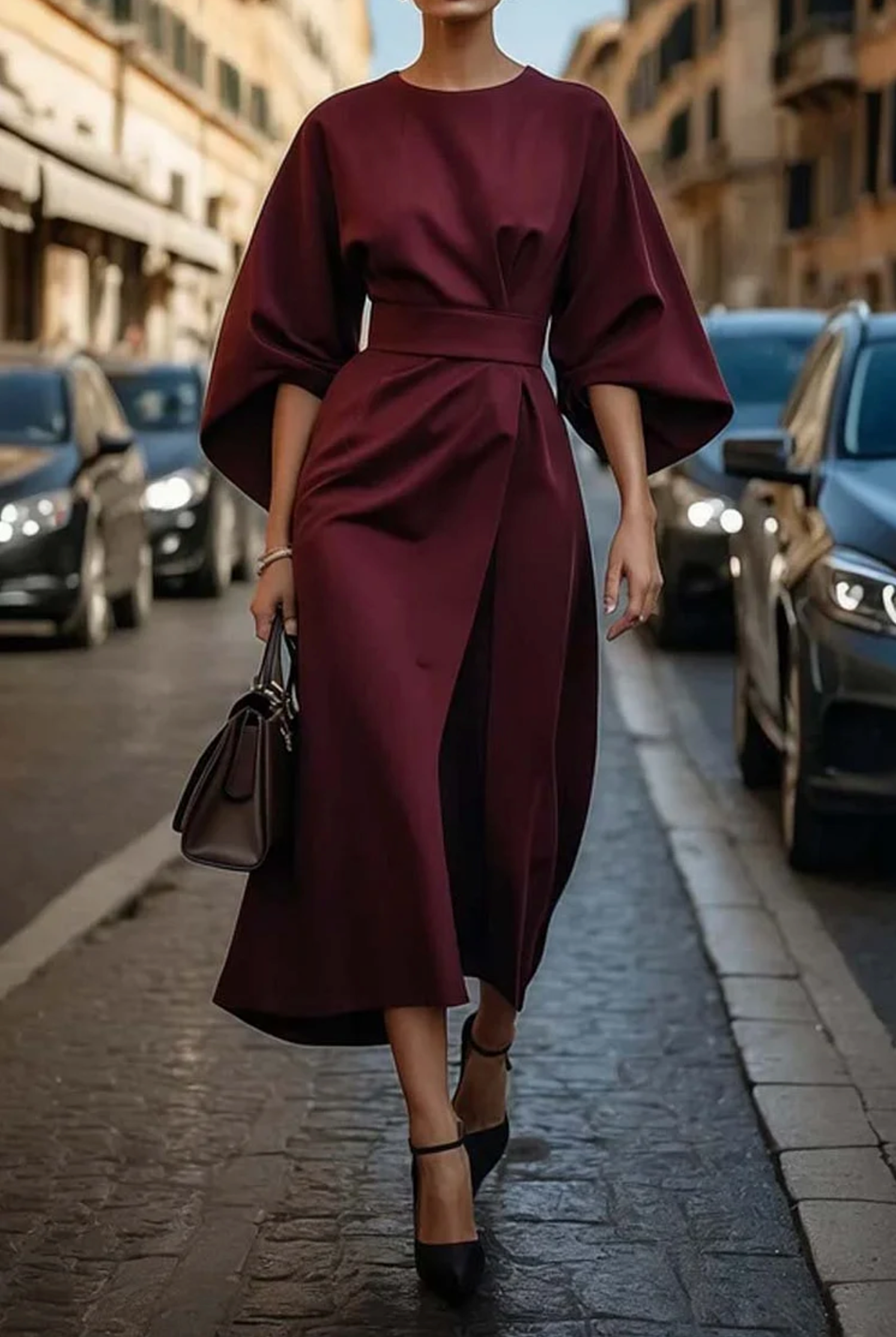 Women's Belted Dress with Lantern Sleeves
