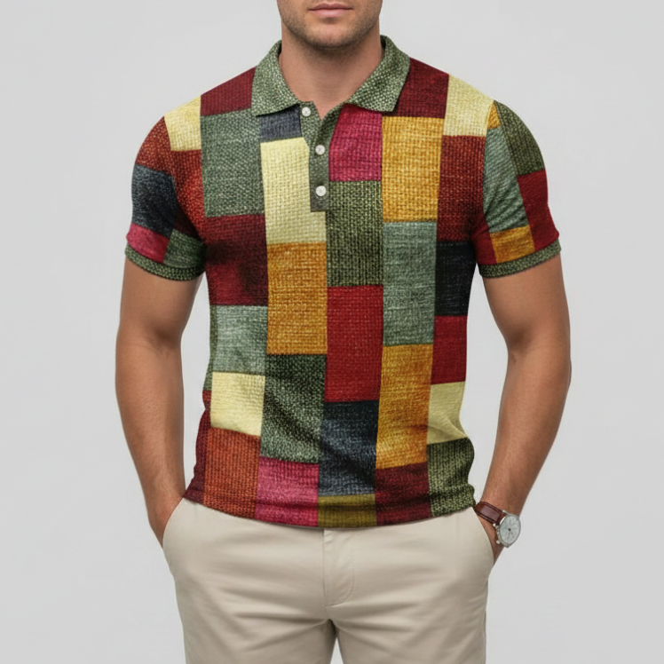 Men's Patchwork Polo Shirt - Plaid Casual Fit