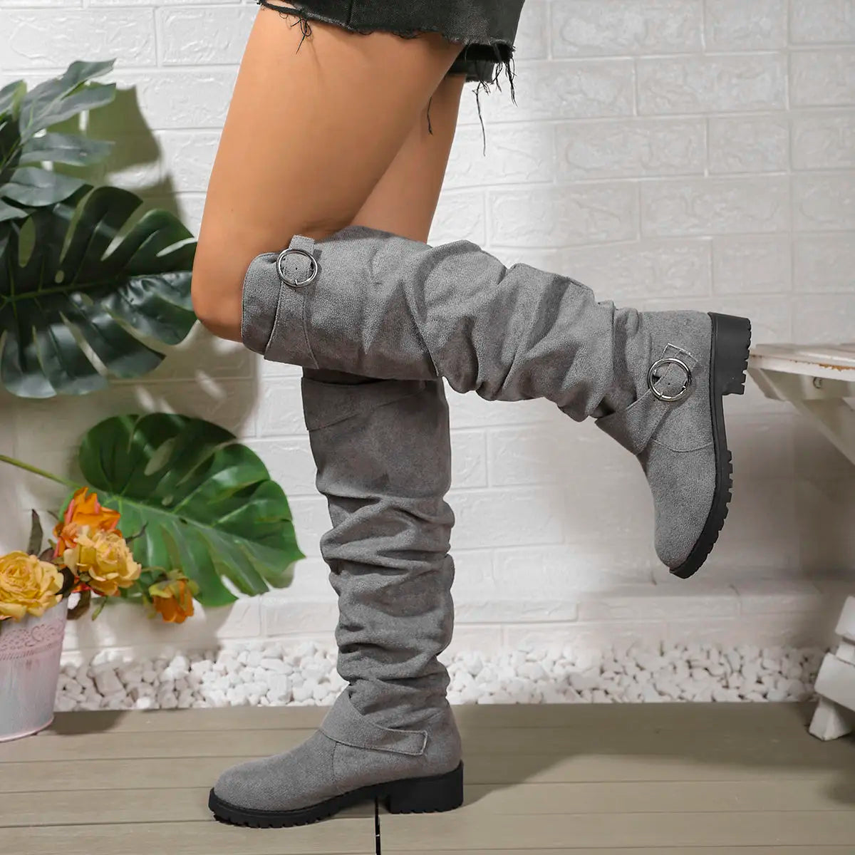 Knee High Boots for Women with Buckle Detail, Slouchy Fit