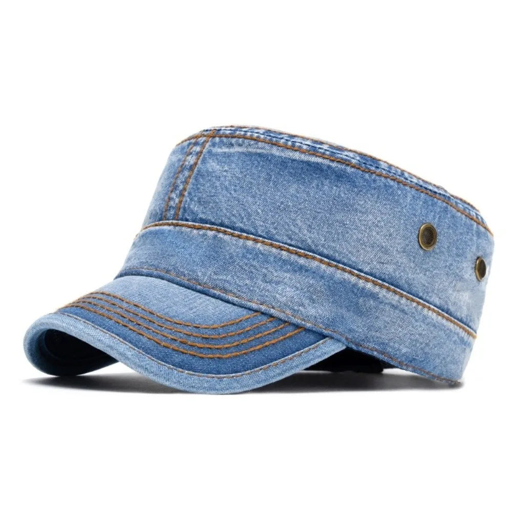 Unisex Denim Cadet Cap – Flat-Top Military Style Hat