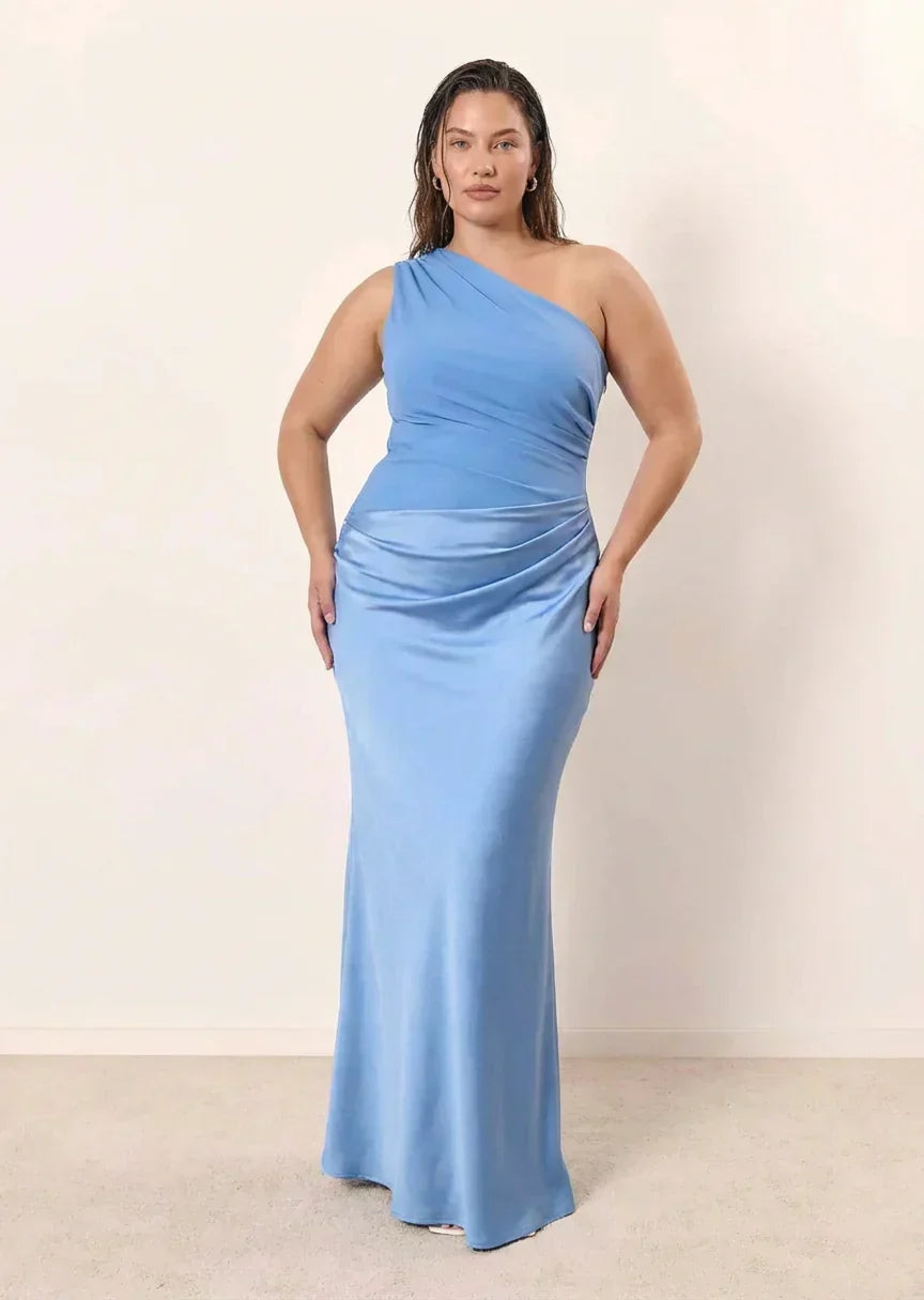 Women's Satin Maxi Dress with Asymmetric Draped Detail