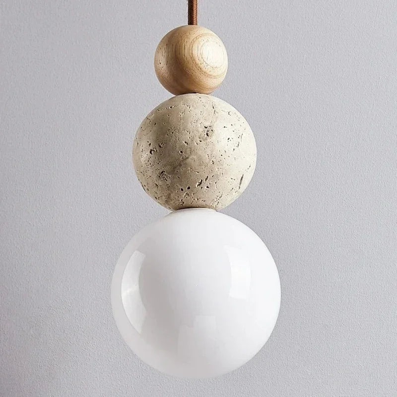 Spherical Pendant Lamp with Travertine and Wood Details