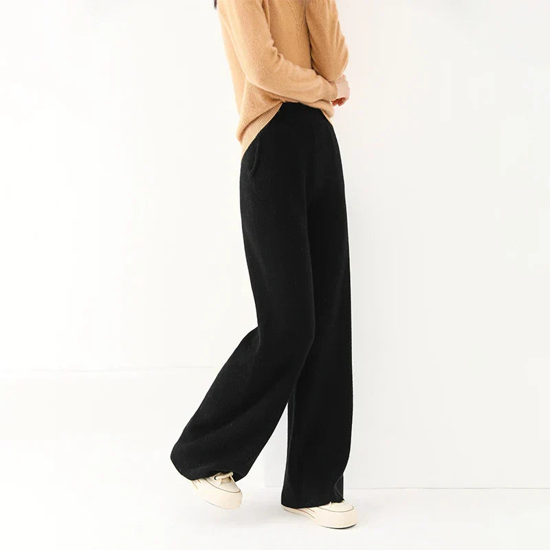 Women's Merino Wool Pants, High-Waisted Wide-Leg Knit