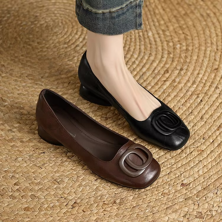 Women's Square Toe Loafers with Block Heel and Hardware Detail