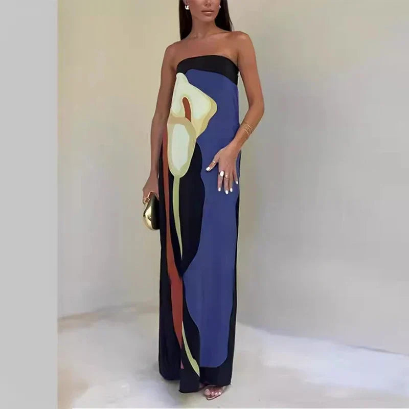 Women's Maxi Dress Strapless Color Block Print