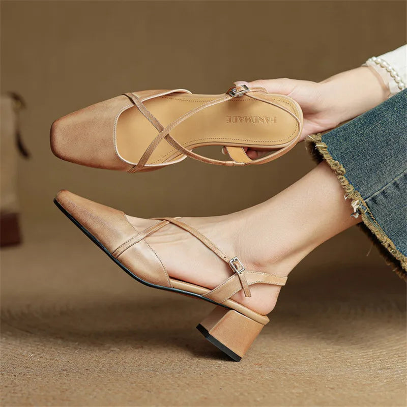 Women's Leather Block Heels with Closed Toe and Ankle Strap