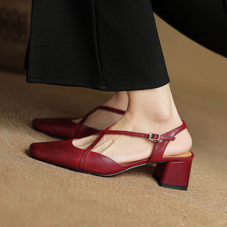Women's Leather Block Heels with Closed Toe and Ankle Strap