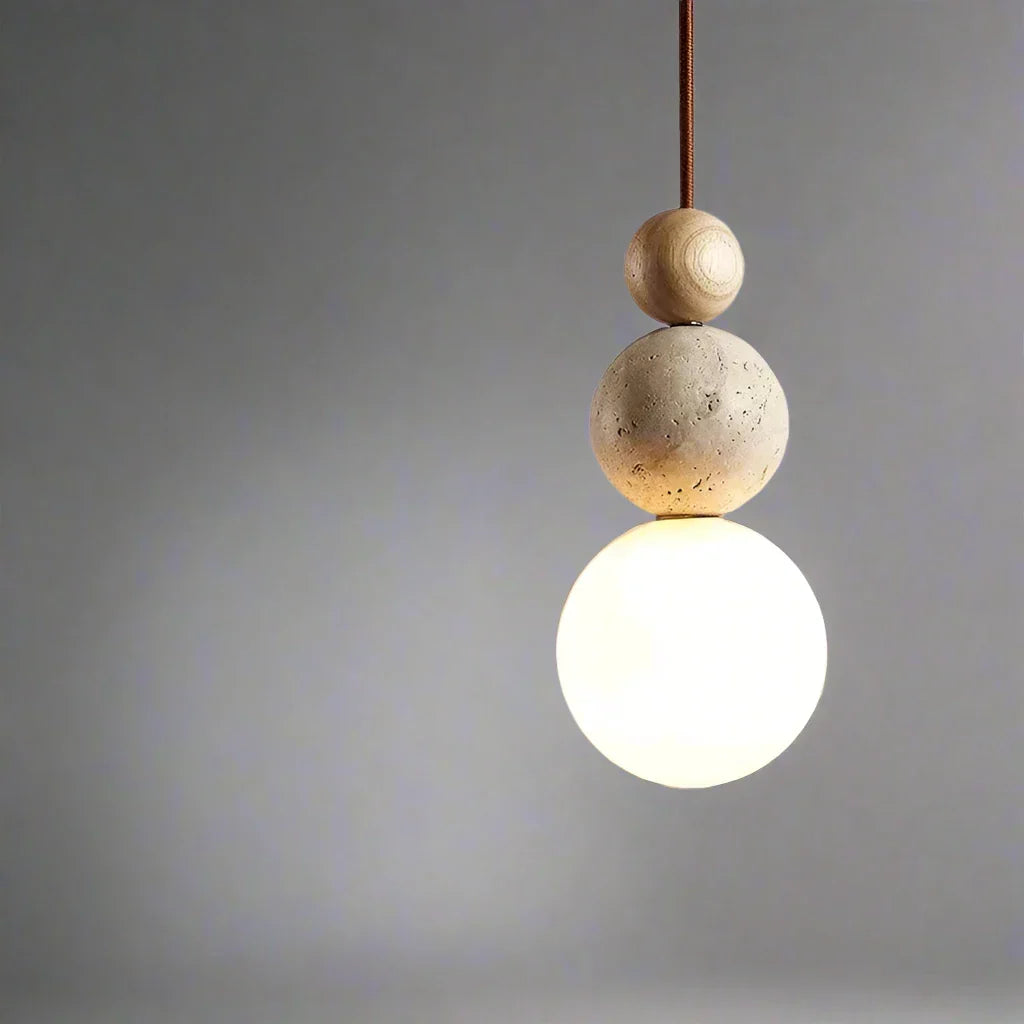 Spherical Pendant Lamp with Travertine and Wood Details