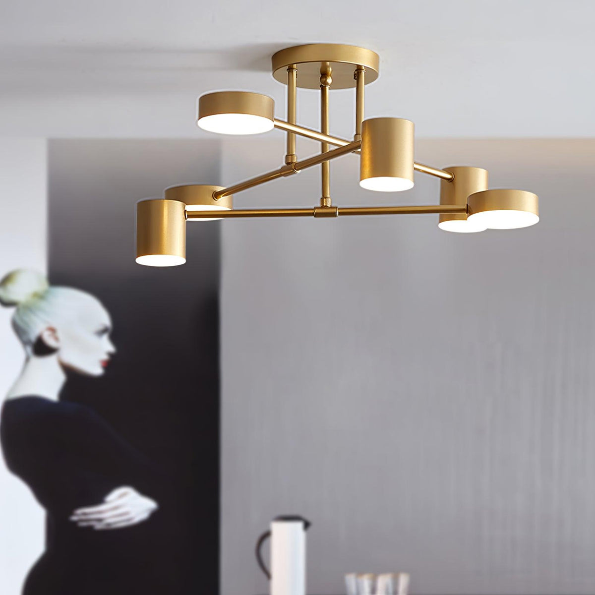 Ceiling Light with Crossed Arms and Cylindrical Heads, Sputnik Style