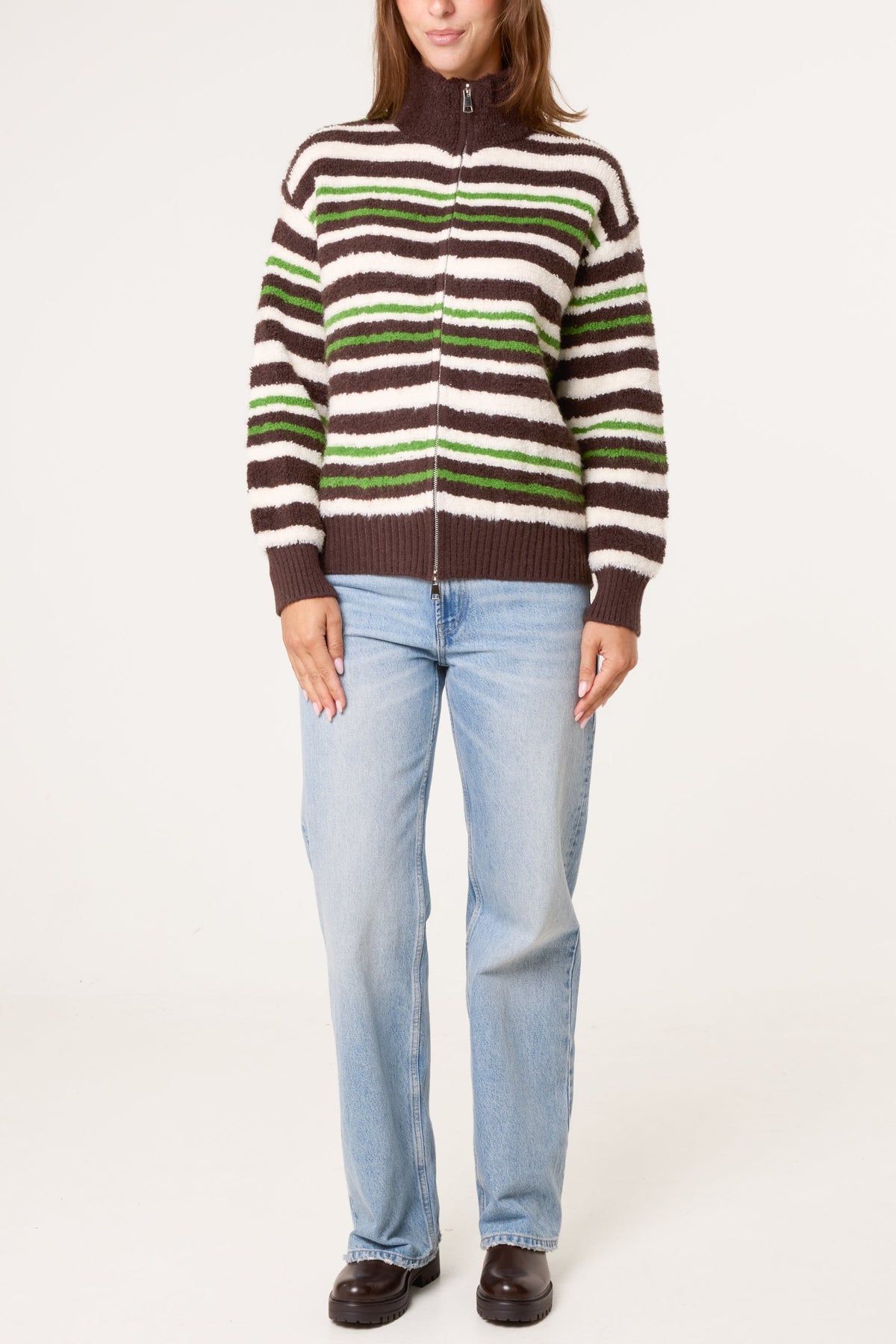 Women's Zip-Up Striped Knit Jumper - High Neck Chocolate Sweater