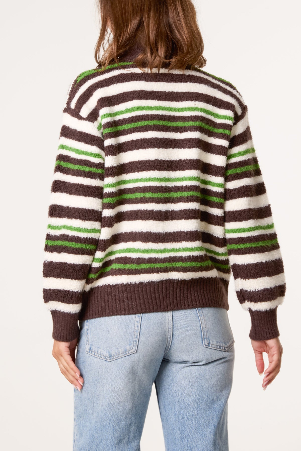 Women's Zip-Up Striped Knit Jumper - High Neck Chocolate Sweater