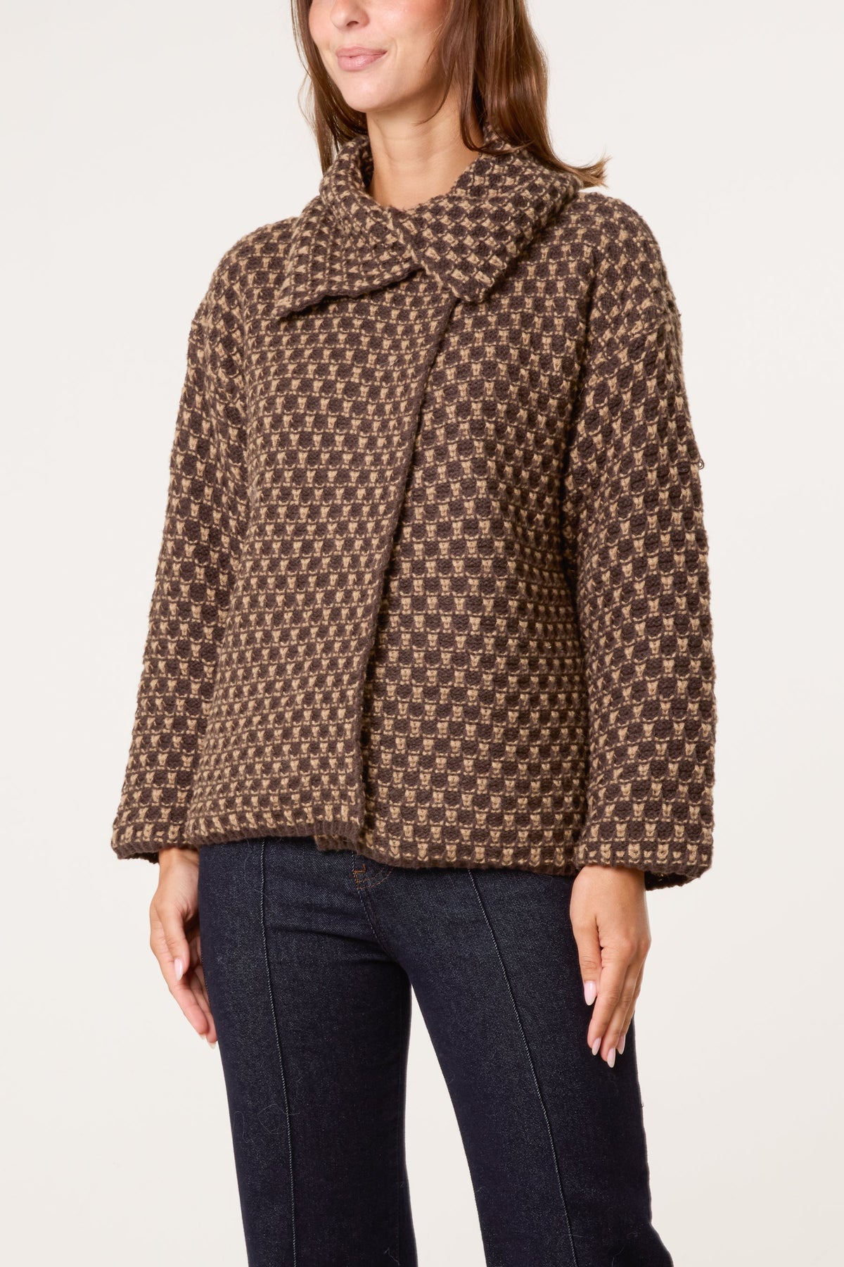 Women's Structured Knit Coat with Geo Texture in Chocolate Brown