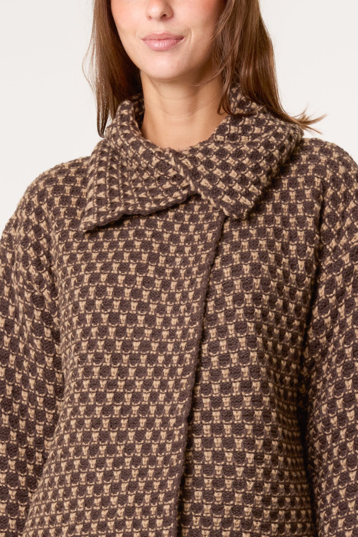Women's Structured Knit Coat with Geo Texture in Chocolate Brown