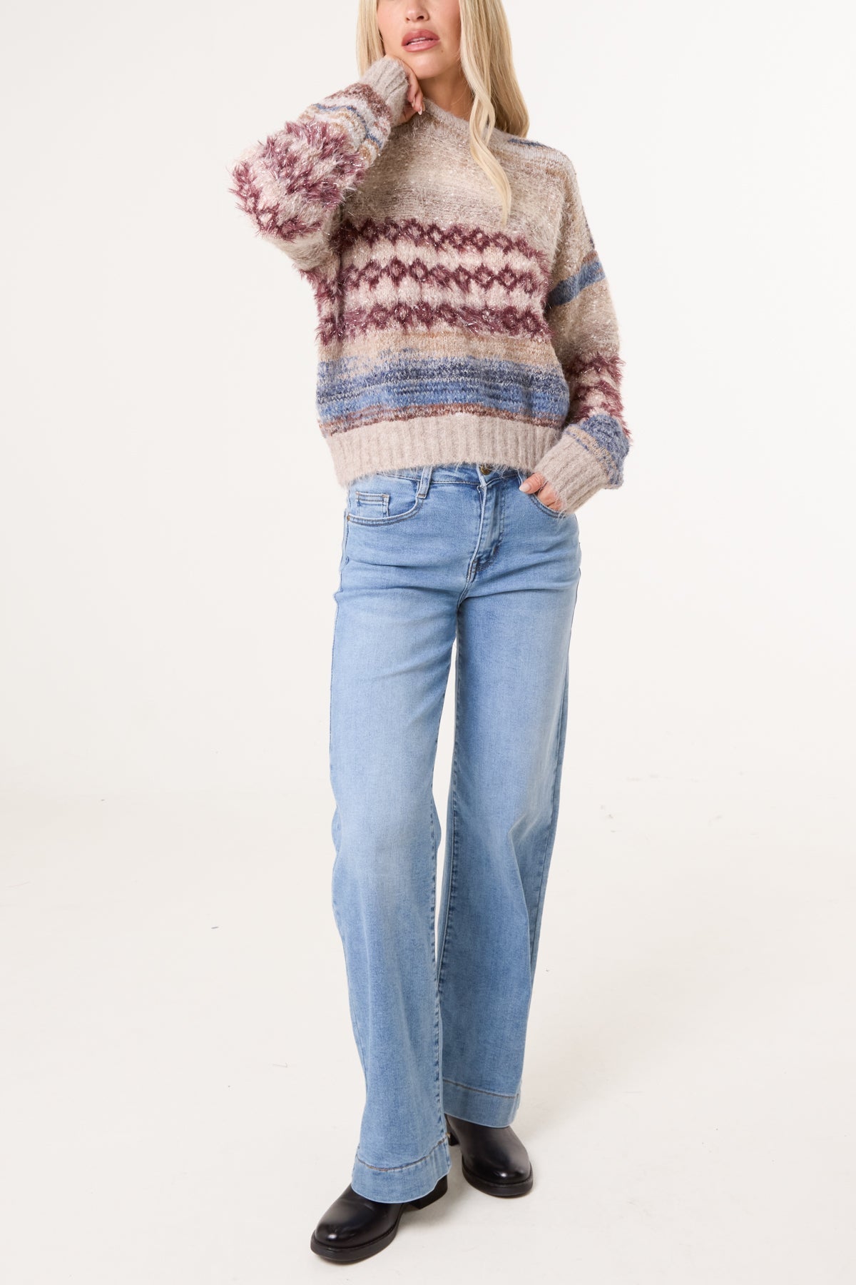 Women's Stripe Knit Jumper Flecked Mixed Yarn Sweater