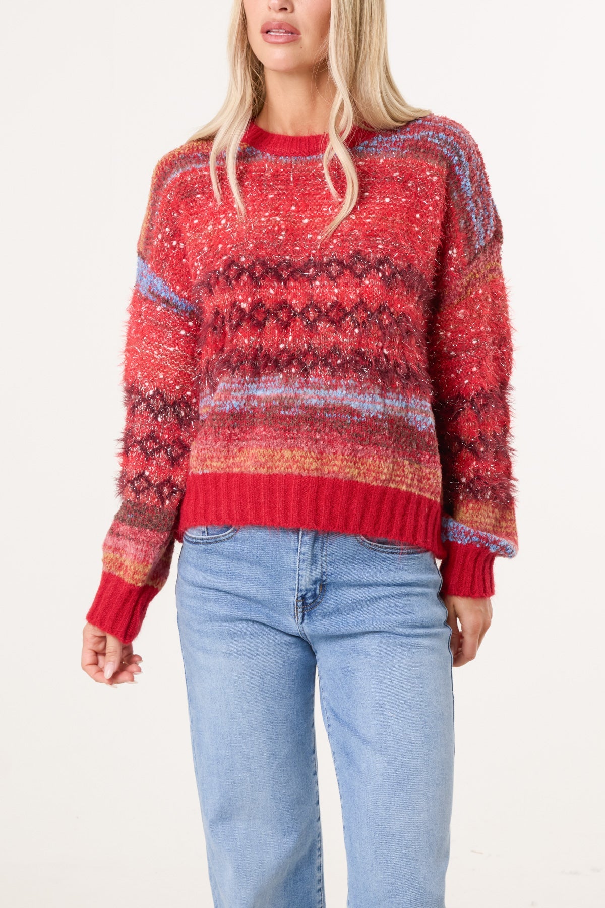 Women's Stripe Knit Jumper Flecked Mixed Yarn Sweater