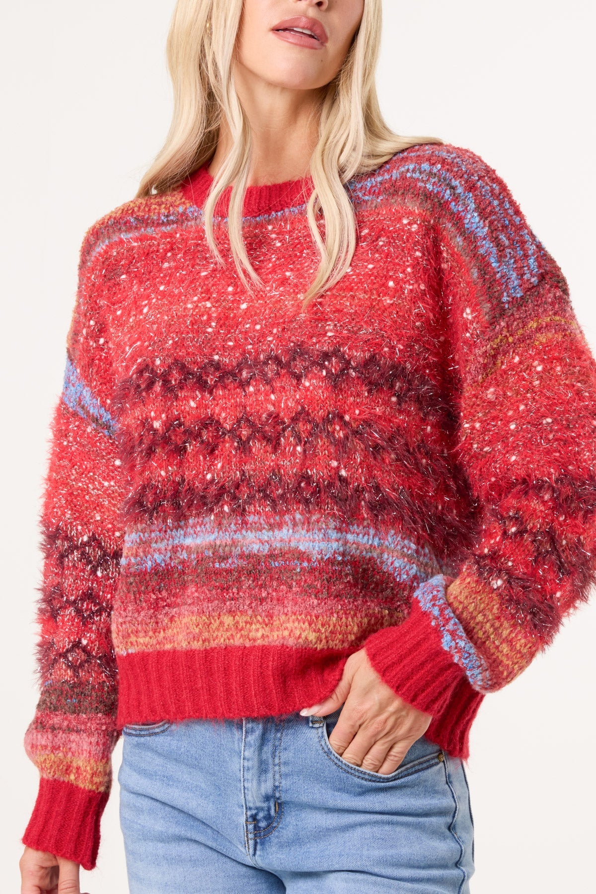 Women's Stripe Knit Jumper Flecked Mixed Yarn Sweater