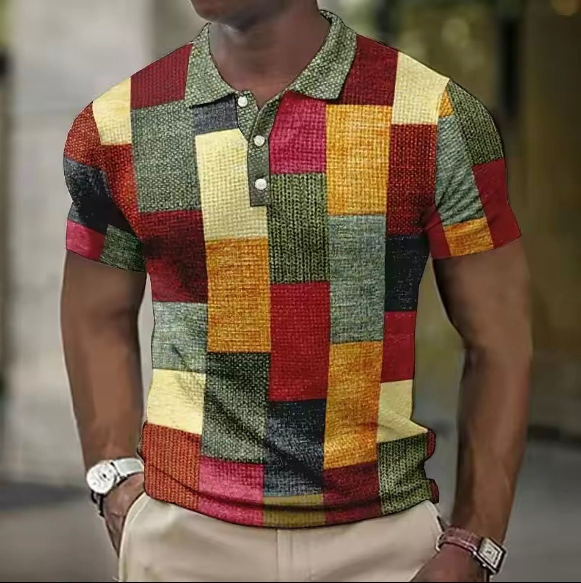 Men's Patchwork Polo Shirt - Plaid Casual Fit