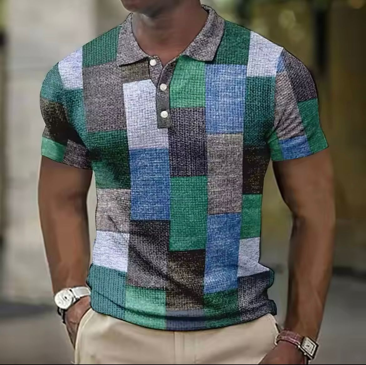 Men's Patchwork Polo Shirt - Plaid Casual Fit