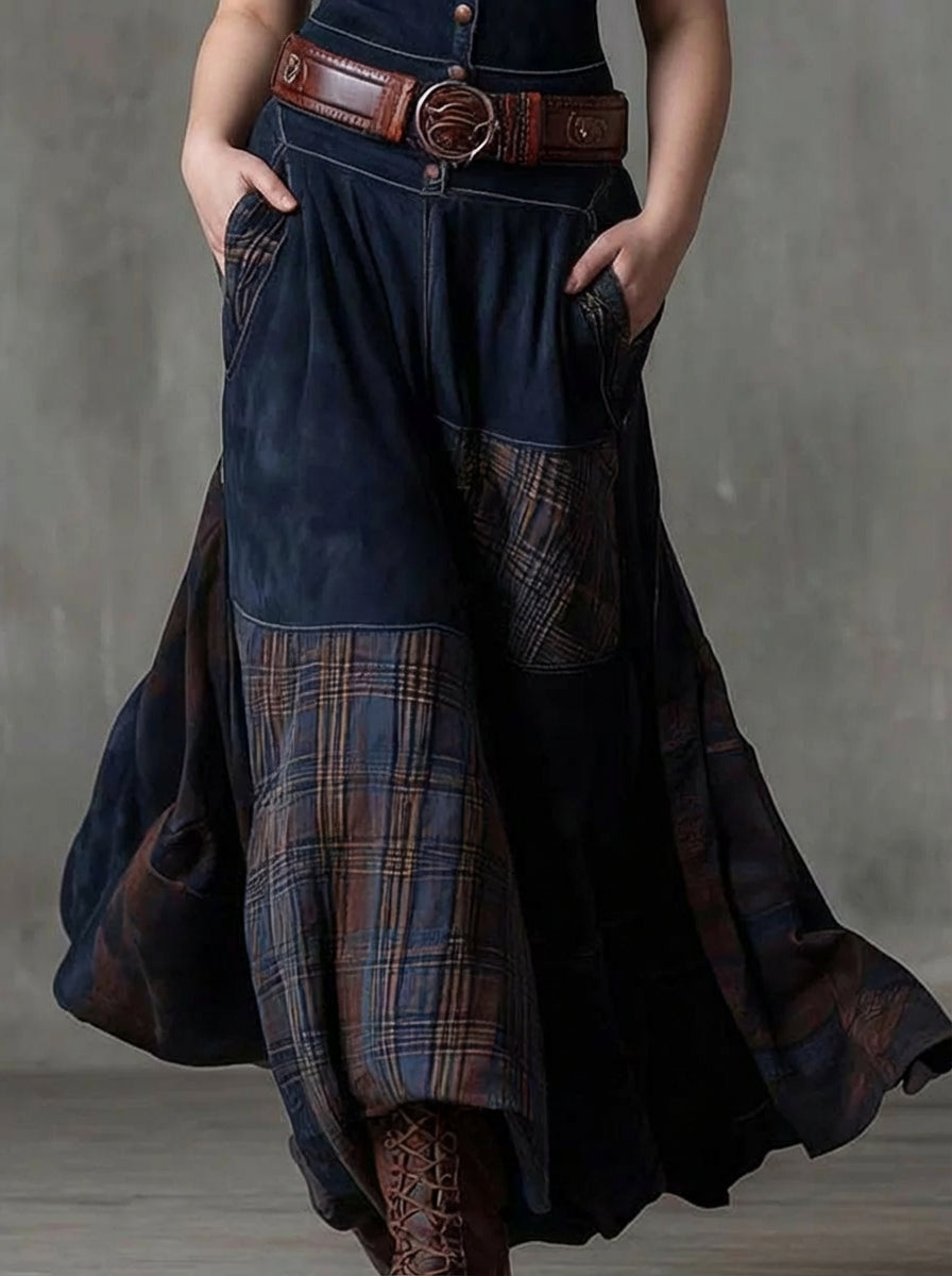 Women's Maxi Dress in Faux Suede with Checked Panels and Belt