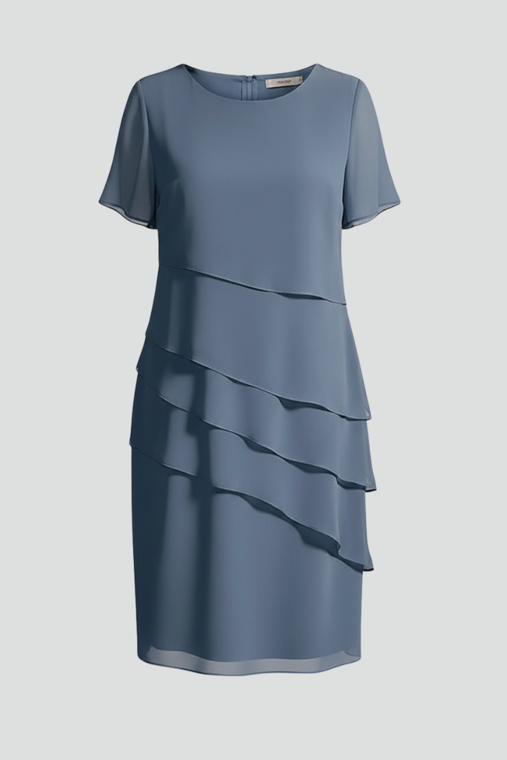 Women's Short Sleeve Dress with Layered Front Panel and Straight Hem