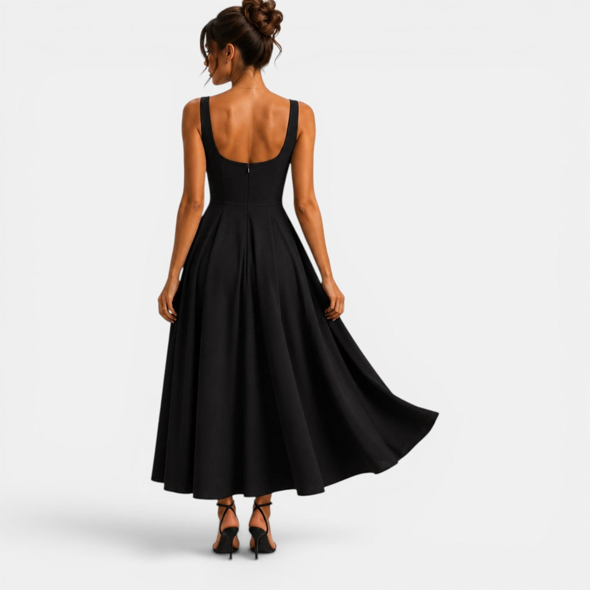 Women's Midi Dress with Square Neckline and Flared Skirt