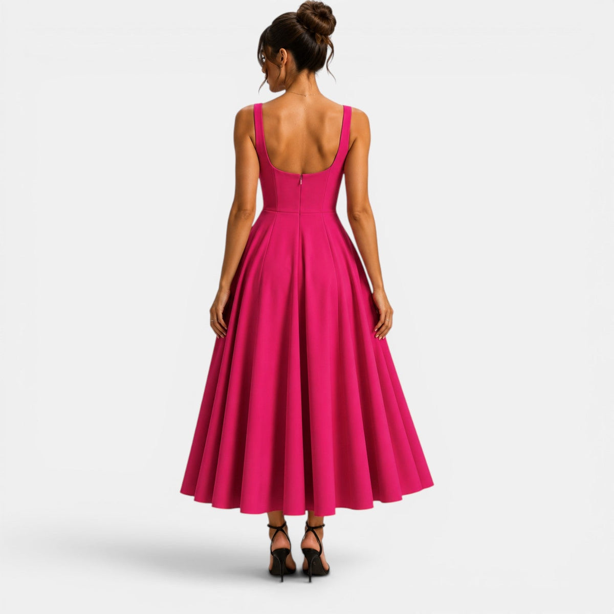 Women's Midi Dress with Square Neckline and Flared Skirt