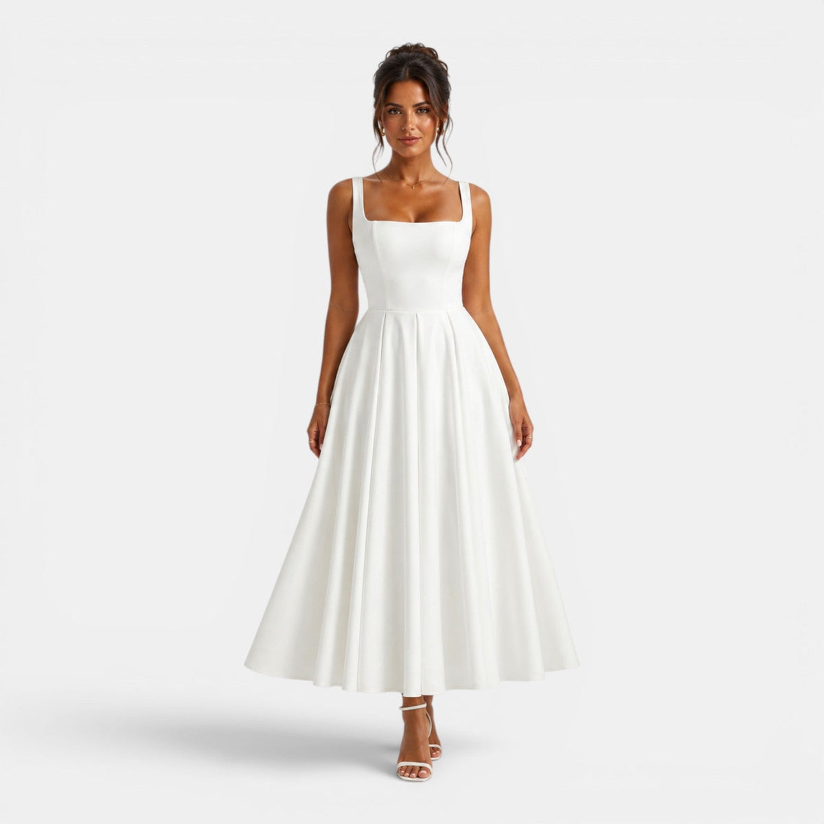 Women's Midi Dress with Square Neckline and Flared Skirt
