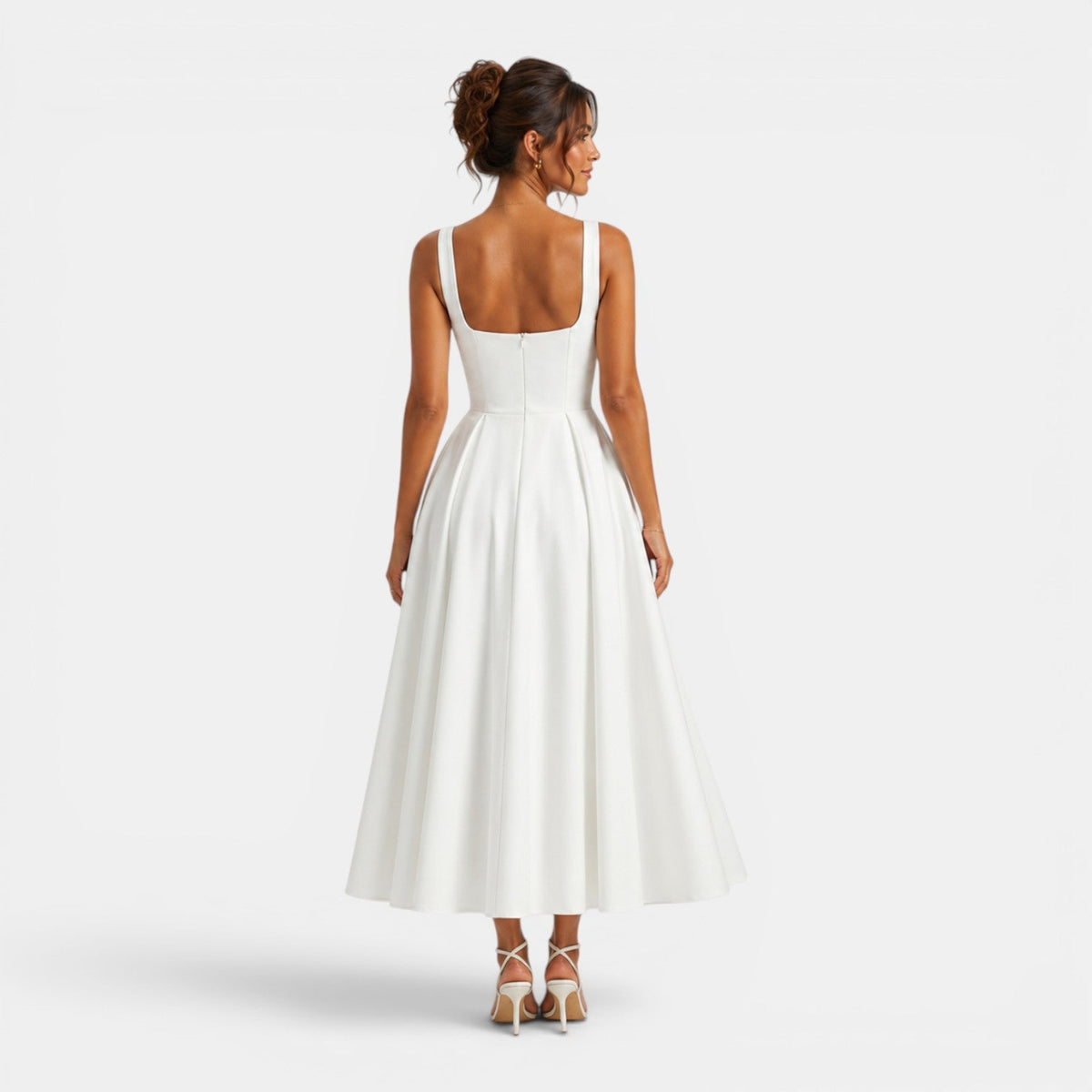 Women's Midi Dress with Square Neckline and Flared Skirt