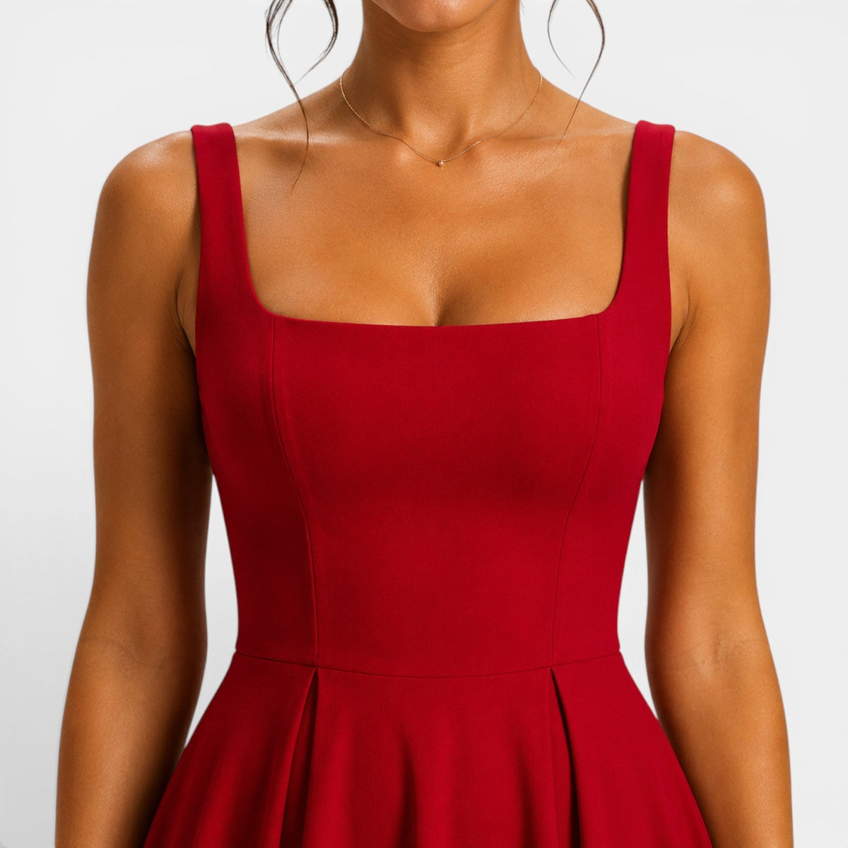 Women's Midi Dress with Square Neckline and Flared Skirt
