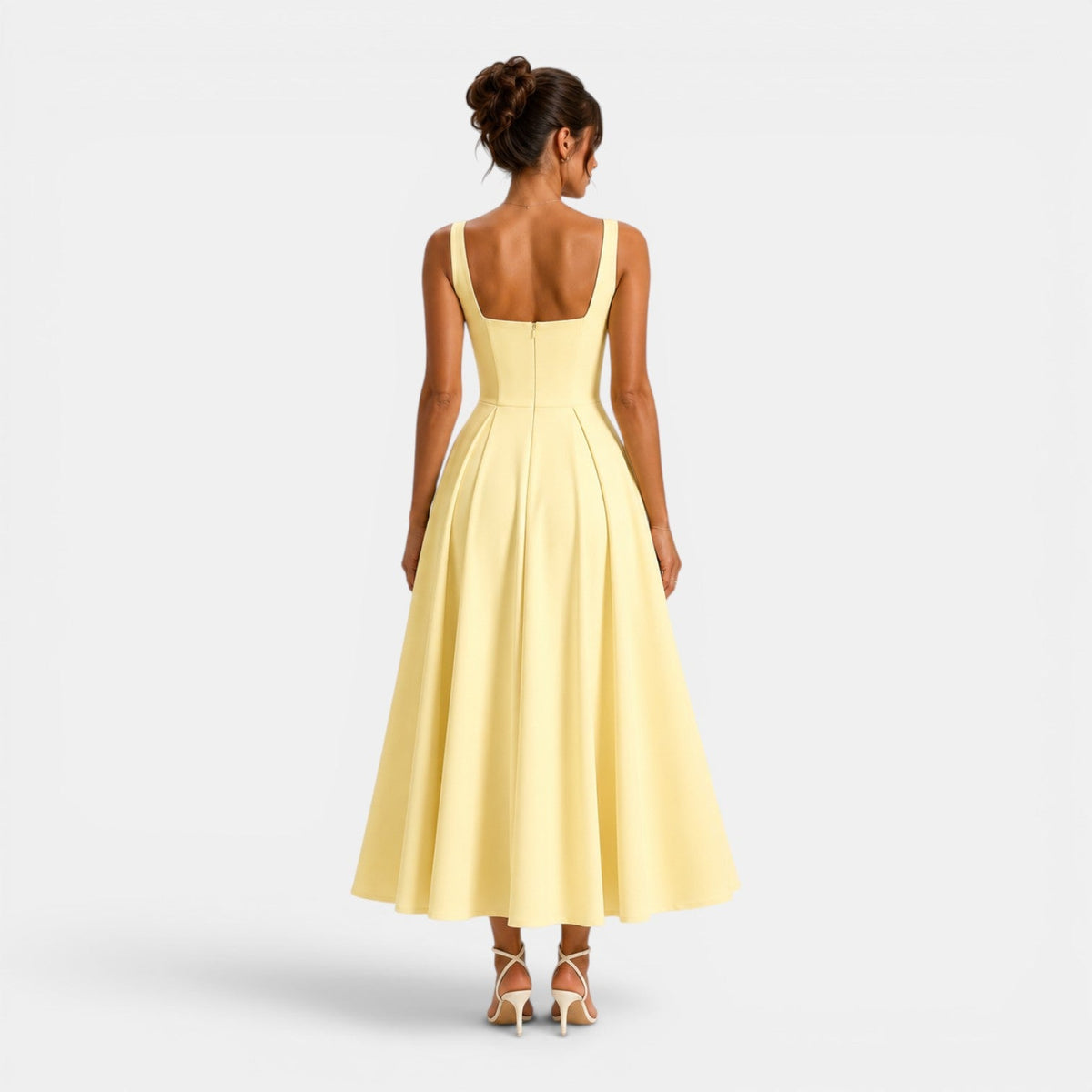 Women's Midi Dress with Square Neckline and Flared Skirt