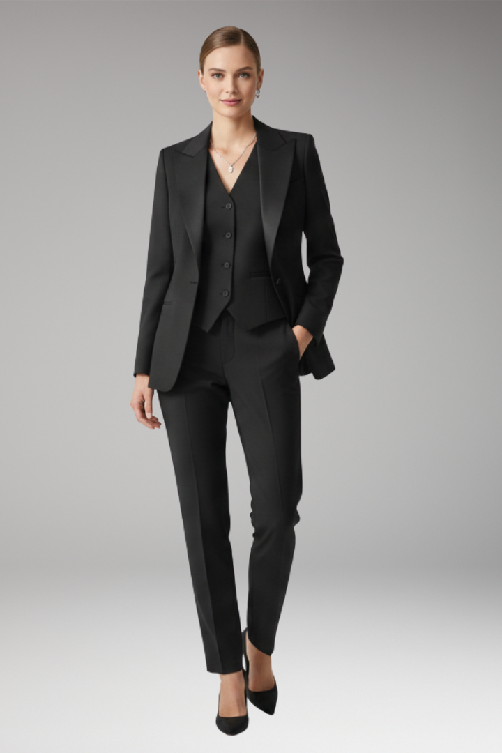 Women's Three-Piece Suit Set with Notched Jacket and Straight Trousers