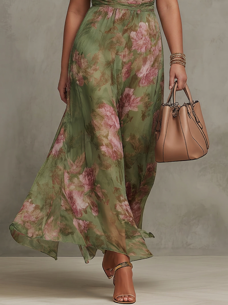 Women's Green Floral Chiffon Halter Maxi Dress