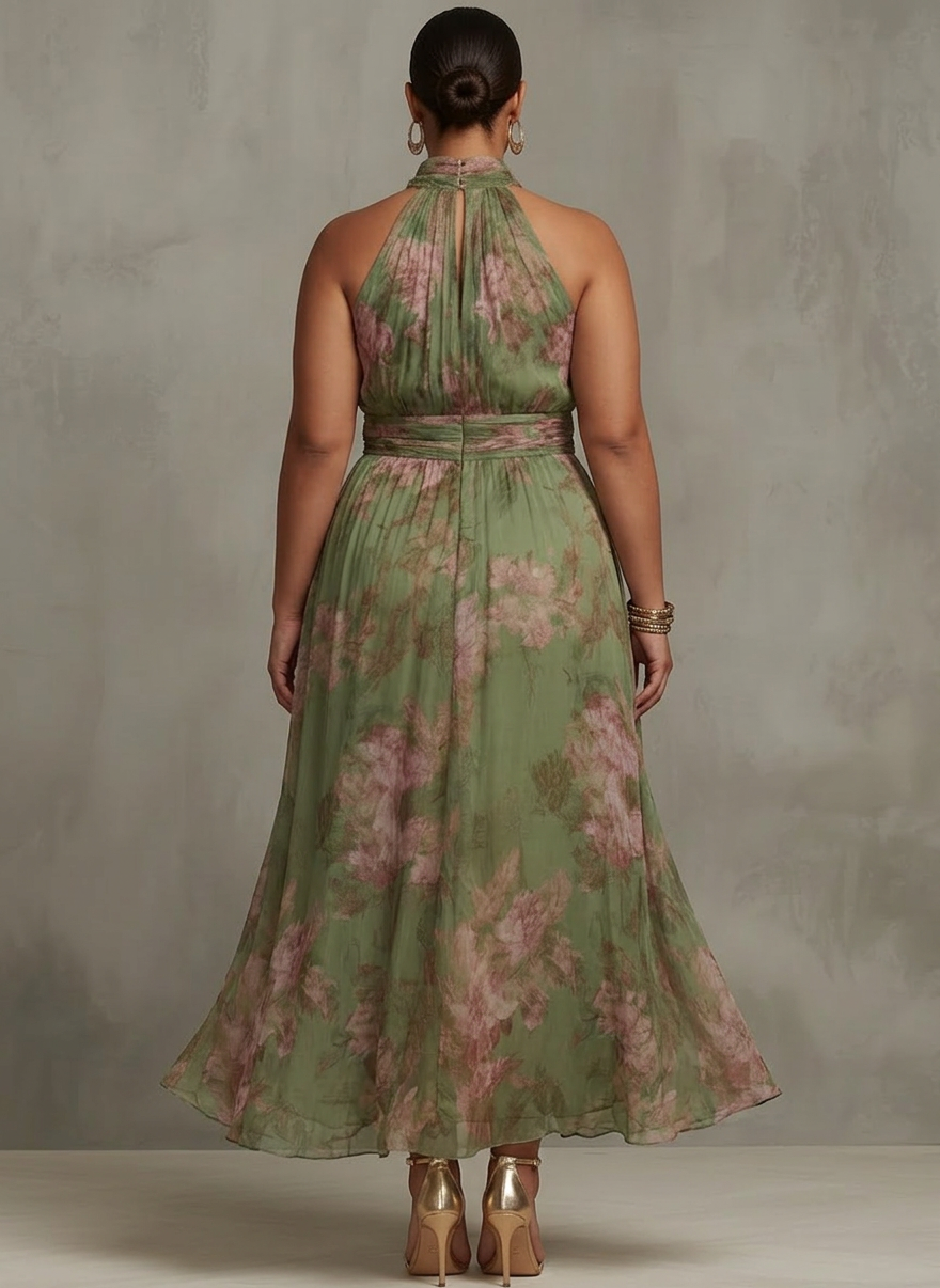 Women's Green Floral Chiffon Halter Maxi Dress