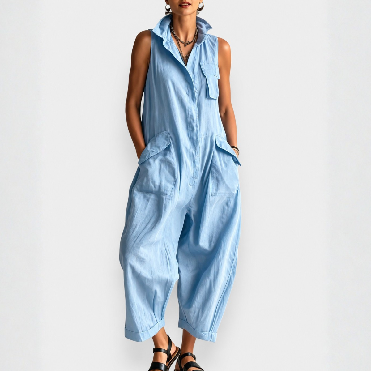Women's Sleeveless Cargo Jumpsuit with Structured Collar
