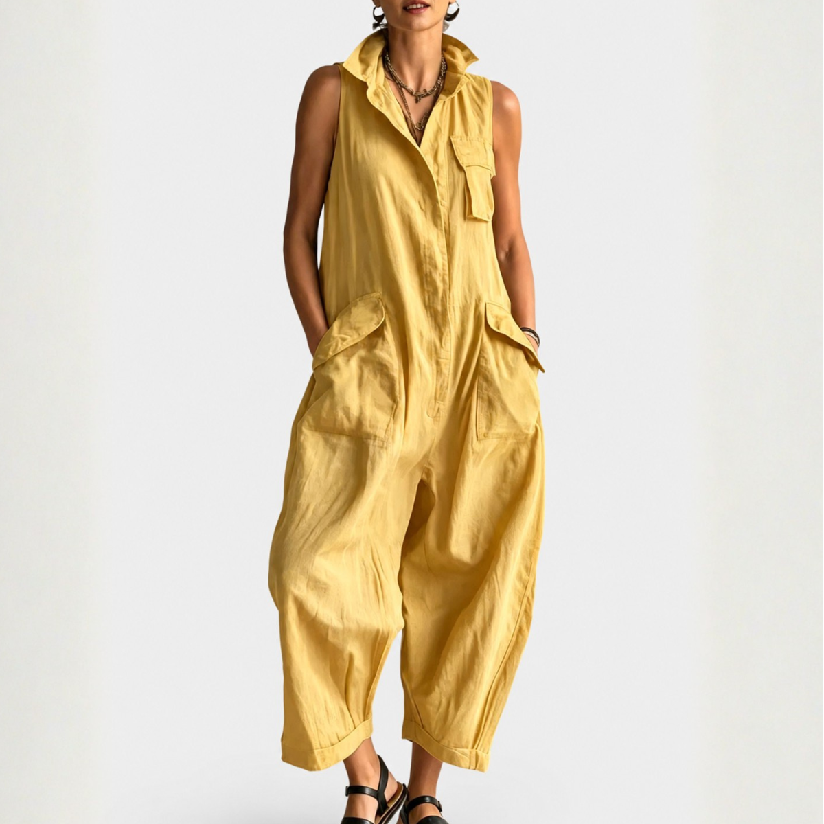 Women's Sleeveless Cargo Jumpsuit with Structured Collar