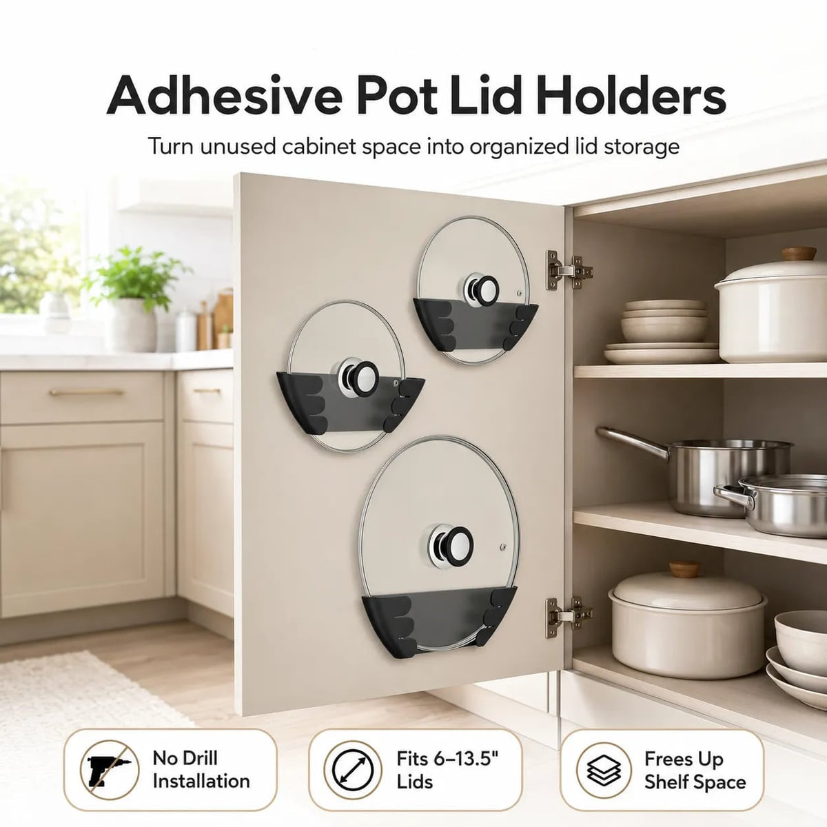adhesive pot lid holders for cabinet doors in black