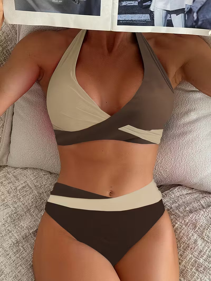 Women's Halterneck Bikini Crossover Top High-Waist Bottoms