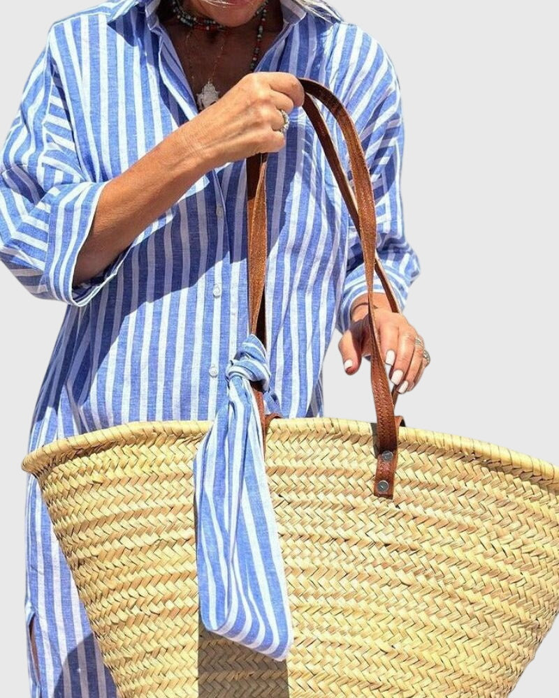 Women's Striped Midi Dress with Side Pocket