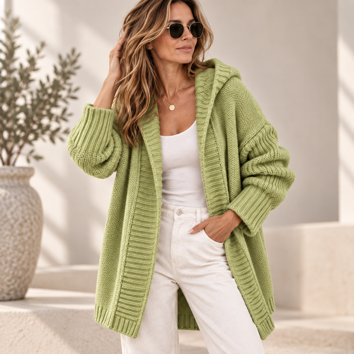 Women's Long Hooded Knit Cardigan with Batwing Sleeves