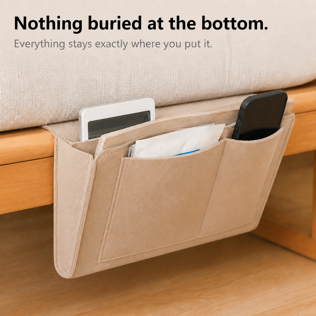 Under-Mattress Bedside Storage Caddy – Felt Hanging Organizer