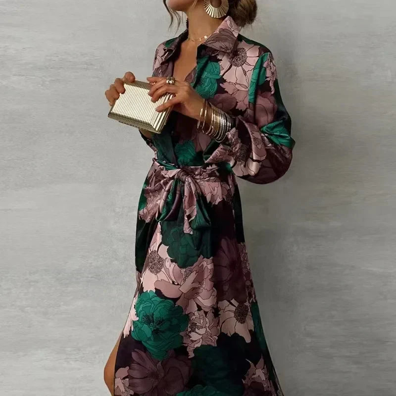 Women's Floral Maxi Dress with Collar and Tie-Front Waist