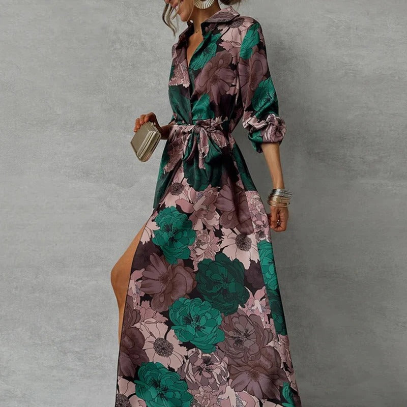 Women's Floral Maxi Dress with Collar and Tie-Front Waist