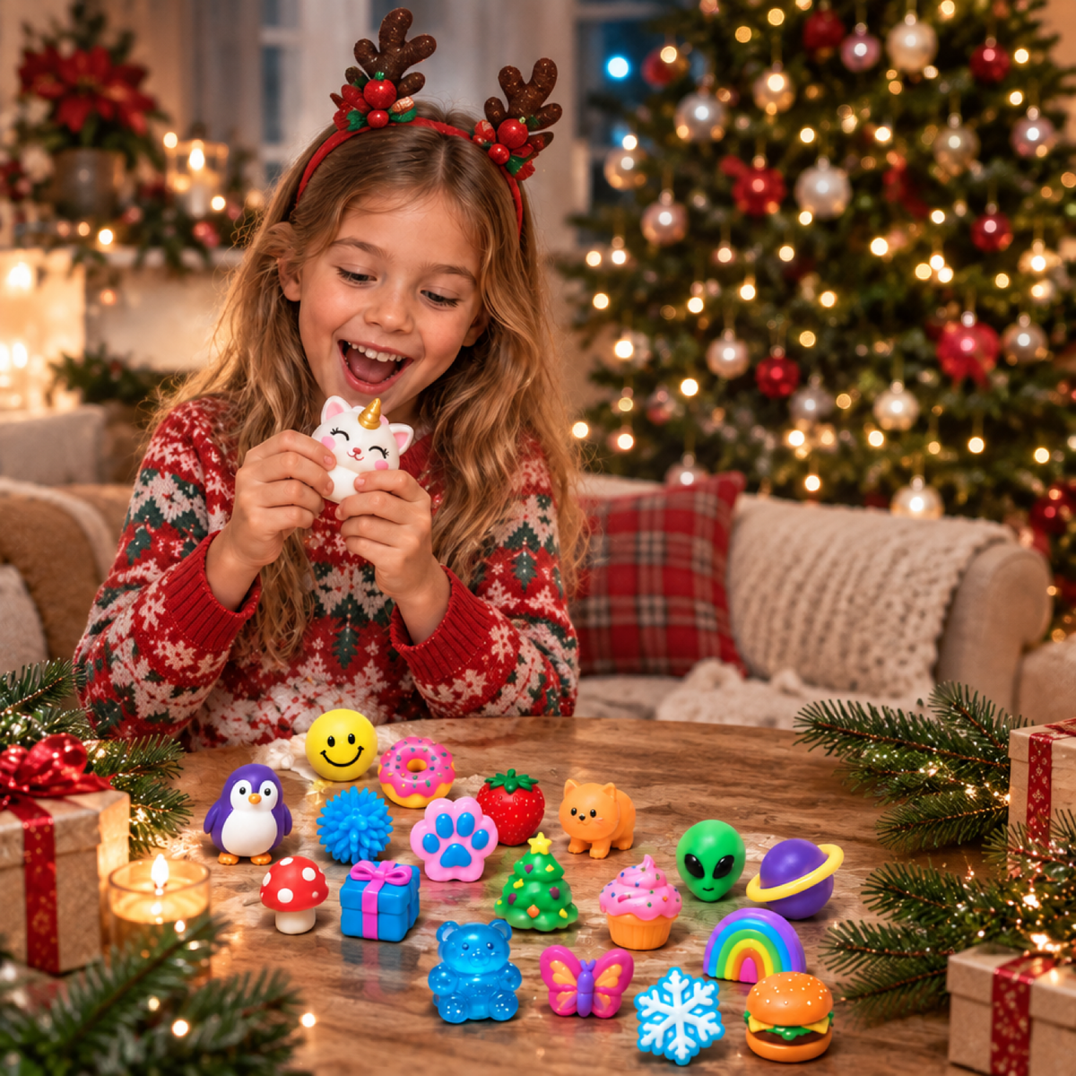 Happy young girl in a Christmas sweater smiling while squeezing a unicorn squishy toy from the advent calendar