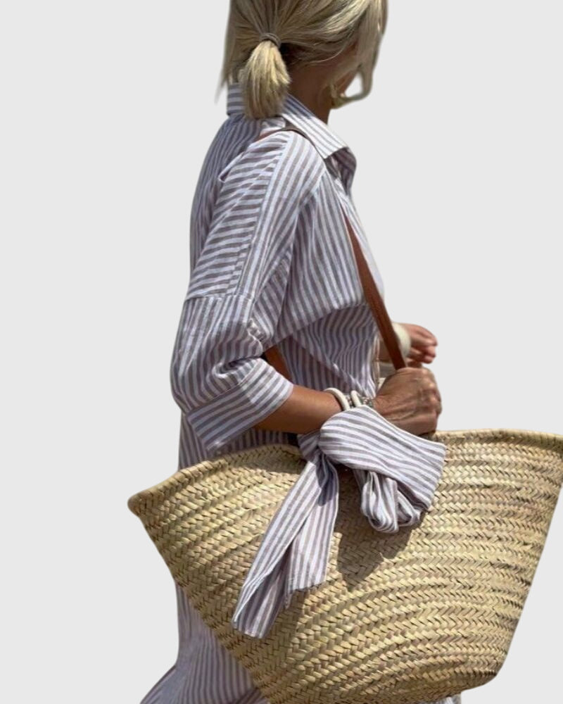 Women's Striped Midi Dress with Side Pocket