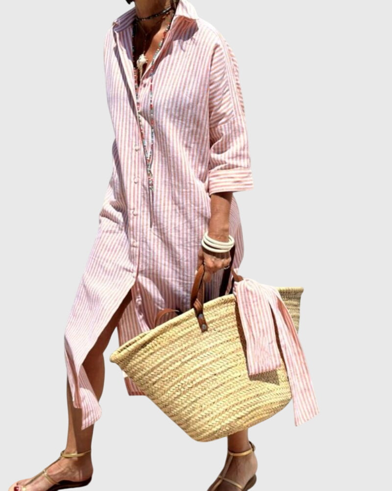 Women's Striped Midi Dress with Side Pocket