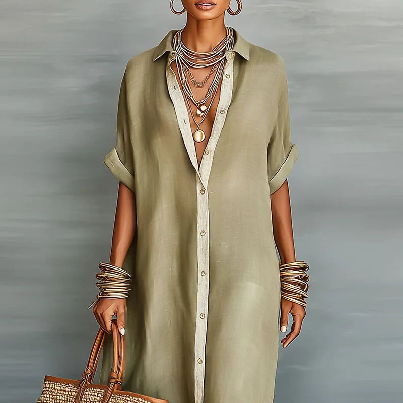 Women's Button Down Maxi Shirt Dress with Collar
